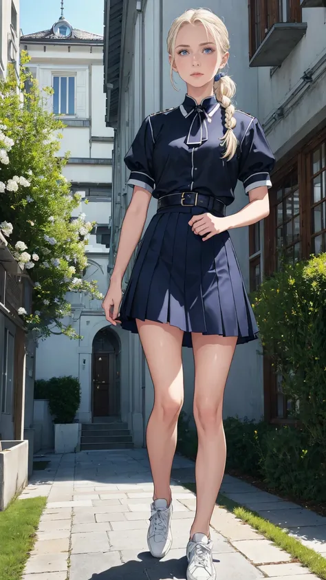 (8k, RAW photo, best quality, masterpiece:1.3), (realistic, photo-realistic:1.37), realistic skin texture, Sophie von Rosenberg, age 17, She is dressed in a short-sleeved blouse, a short pleated skirt, and luxury brand white sneakers, showcasing a refined ...