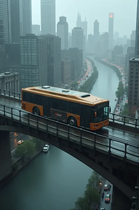 Create a bus on top of a bridge with a river below with buildings in the background and rainy weather