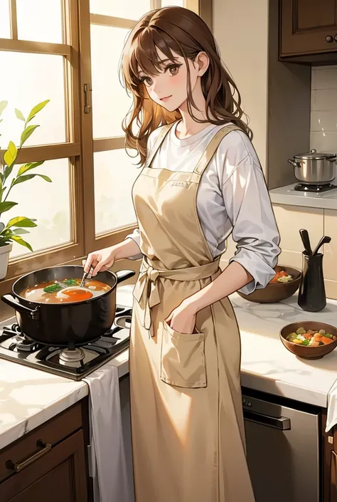 young woman, cooking, kitchen, slab, a pot of soup on the stove, In the hands of a spoon, girl stirs soup with a spoon, home wide trousers, white oversized t-shirt, beige apron, brown hair, brown eyes, a grey cat is curled around my feet