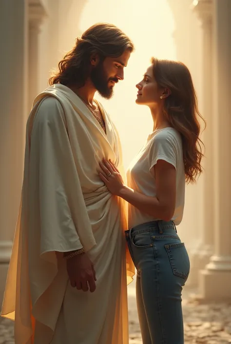 An image of Jesus with a hand on the shoulder of a woman wearing jeans and a t-shirt, both standing  