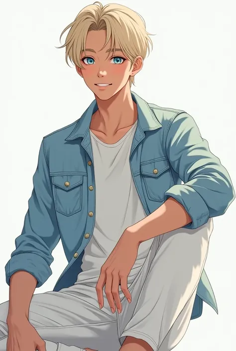 A guy of Asian appearance, Short blond hair, soft blue eyes. He is wearing a white top with a cropped denim jacket over it. White pants. Sits in the "fallen angel" pose and looks at the camera with a smile. 2d style