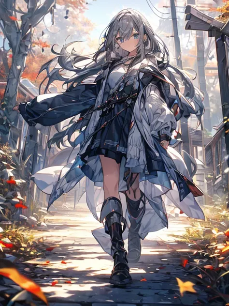 masterpiece, (Best Quality: 1.2), １woman, Gray Hair, blue eyes, (Long straight hair: 1.1), Casual Outfits、fog , autumn leaves, Clearing fallen leaves、broom、countryside