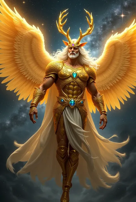 Muscular man with golden armor covering his body, splendid and shining armor studded with colorful jewels, Angel with golden wings, strong, golden light, flying in the universe trying to touch the stars in the dark of the galaxy, the most beautiful angel, ...