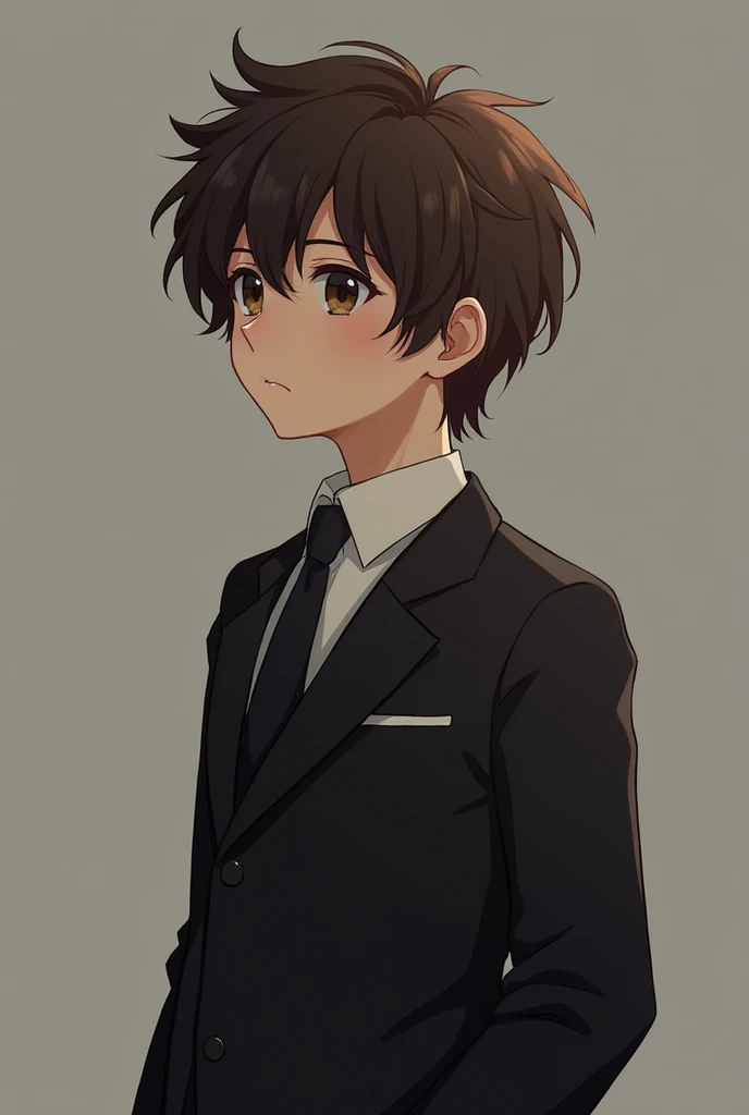 A boy with slightly long brown wavy hair, with suit, he&#39;s looking to the side