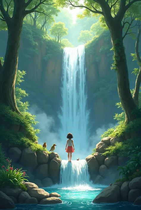 A forest with green colour and  waterfall along with animals with a young girl standing across the waterfall 