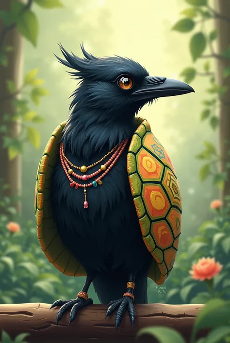 A crow wearing a cartoon turtle shell backpack