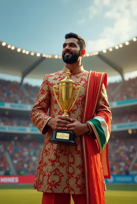 Imagine rohit sharama wearing indian outfit for world cup 2023 and background was a random stadium and there was odi world cup in rohit sharmas hand and he was hugging the odi world cup