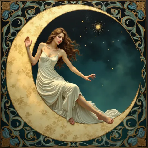 A mesmerizing painting in the Art Nouveau style, featuring a Jean-Baptiste Monge-inspired woman with flowing, organic lines. Her form gracefully emerges from the crescent moon, one leg extending beyond the frame, while the other is delicately bent within t...