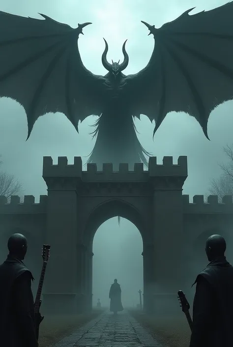 Black winged demon flying from the front on top, below large medieval portal to the cemetery, two hell soldiers holding a black guitar guarding the portal on the sides, fog 