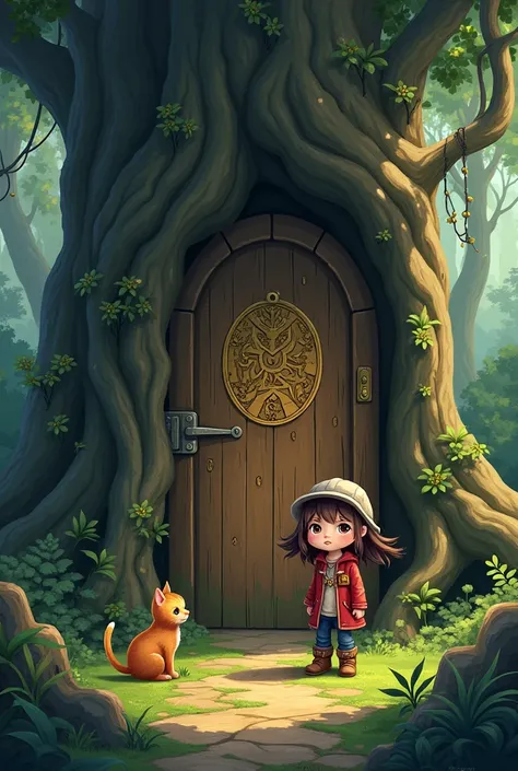 Lina and the cat find an ancient door in a big tree, with strange symbols.