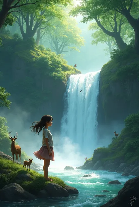 A forest with green colour and  waterfall along with animals with a young girl standing across the waterfall realistic 