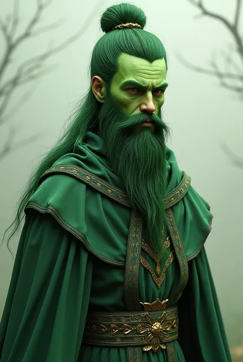 realisitic, human, green skin, bunned hair, beard, full cloth on