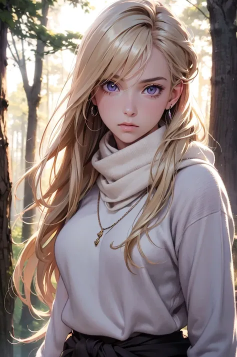 Best quality, masterpiece, ultra high res, (photorealistic:1.4), raw photo, 1girl, teenager, light blonde hair, long hair, purple eyes, expressionless, forest, earrings, necklace, white cashmere sweater, scarf, portrait, waist up