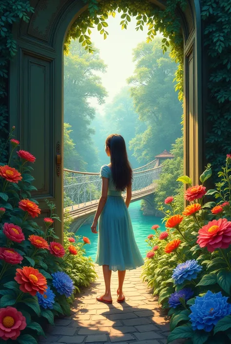 Lina opens the door and finds a secret garden with brightly colored flowers and a glass bridge..