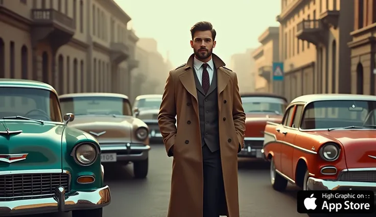 Is image mein ek high-quality graphic scene dikh raha hai, jisme ek retro-style street view hai. Ek aadmi brown trench coat pehne huye classic cars ke beech khada hai, jo purani car designs aur city vibe ko represent kar raha hai. Scene mein detailing bahu...