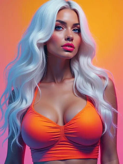 Oil paint.brushes strokes. SYNTHWAVE STYLE DESIGN VIBRANT COLORS. Big boob , round breast, woman.age 23. with long white  hair. Full lips.Solid color background.