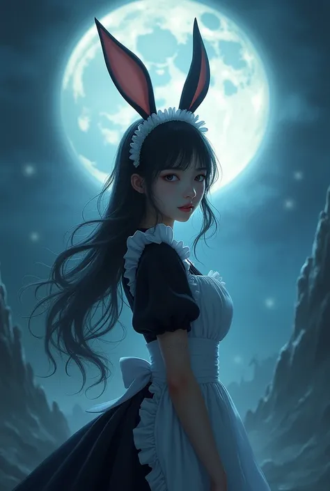 　Japanese beautiful  underworld bunny maid girl、in the moonlight