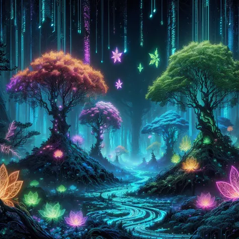 a painting of a forest with trees and flowers in the night, psychedelic forest, cyber space forest scene, background artwork, 4k highly detailed digital art, fantasy forest, fractal thunder dan mumford, magical forest, fractal forest, magical fantasy fores...