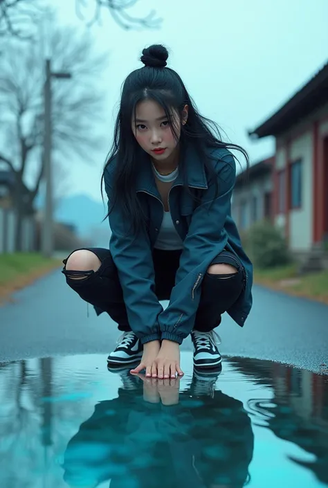 Cinematic photo, fractal, a beautiful Korean woman, black hair tied in a bun, wearing a jacket, Jordan shoes, ripped black jeans, hands touching a puddle with an aqutic effect, clear reflection of the face, when looking at the shadow in the puddle, the bac...