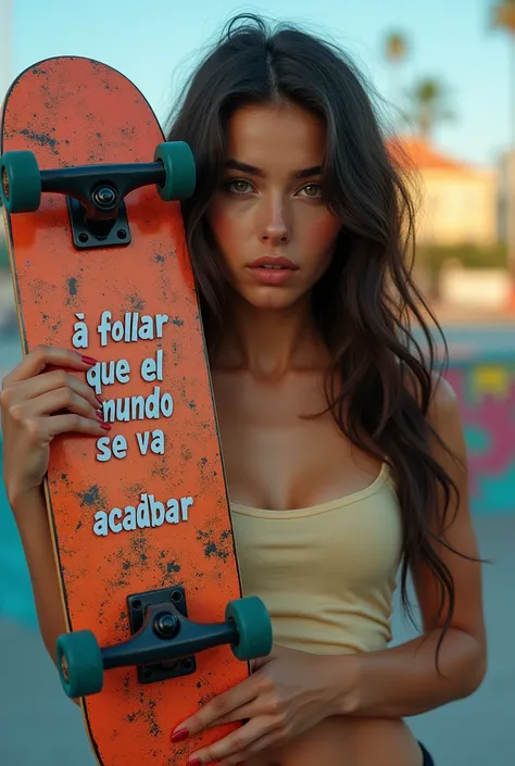 a gorgeous girl , holding up her skateboard with "a follar que el mundo se va acabar" written on it, detailed facial features, beautiful long hair, dynamic skating pose, colorful urban skatepark background, vivid colors, soft lighting, photorealistic, intr...