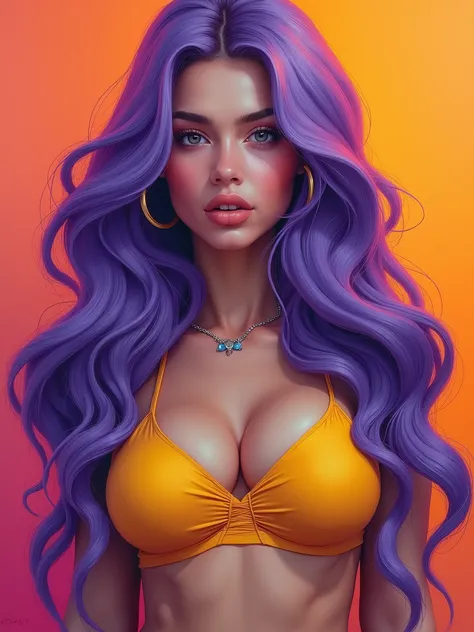 Oil paint.brushes strokes. SYNTHWAVE STYLE DESIGN VIBRANT COLORS. Big boob , round breast, woman.age 23. with long purple  hair. Full lips.Solid color background.