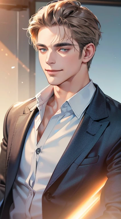 (best quality, masterpiece, 8K, photorealistic, cinematic lighting, 1:4 hdr image, ultra detailed, beautiful image), a mature man, 34 years very handsome, ((cold expression smile in love)), short gray brown hair, blue eyes, face perfect without mistakes, (...