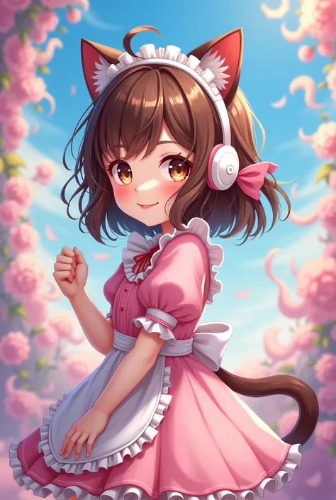 Raise a girl, Brown hair, brown cat ears, pink maid outfit, pele morena, Head fone branco, stylo gacha life 