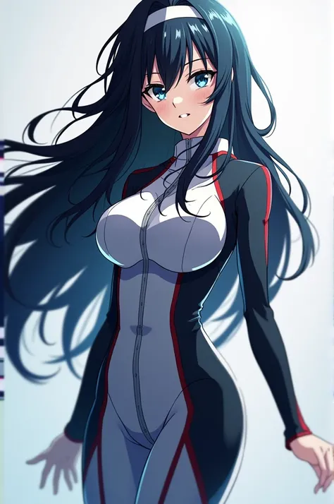 Screenshot of anime my hero academia female character with black hair and white locks with blue eyes with light blue full body 