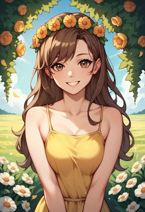 score_9, score_8_up, score_7_up, score_6_up, score_5_up, score_4_up, source_anime, 1woman,lora:amber1-000008:1>, amber5star, upper body, smile, worth, brown hair, a wreath of flowers, long hair, brown eyes, yellow dress, thin legs, looking at the viewer, f...