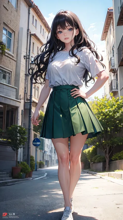 (8k, RAW photo, best quality, masterpiece:1.3),(realistic, photo-realistic:1.37),realistic skin texture, llong wavy hair, white short-sleeved blouse, dark green pleated skirt, white sneakers, standing pose, natural outdoor setting, building with green wind...