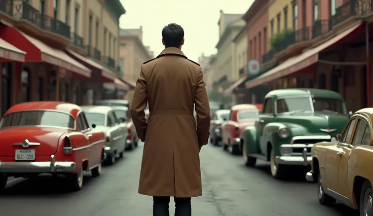 Is image mein ek high-quality graphic scene dikh raha hai, jisme ek retro-style street view hai. Ek aadmi brown trench coat pehne back side mein. Khada hua Hai huye classic cars ke beech khada hai, jo purani car designs aur city vibe ko represent kar raha ...