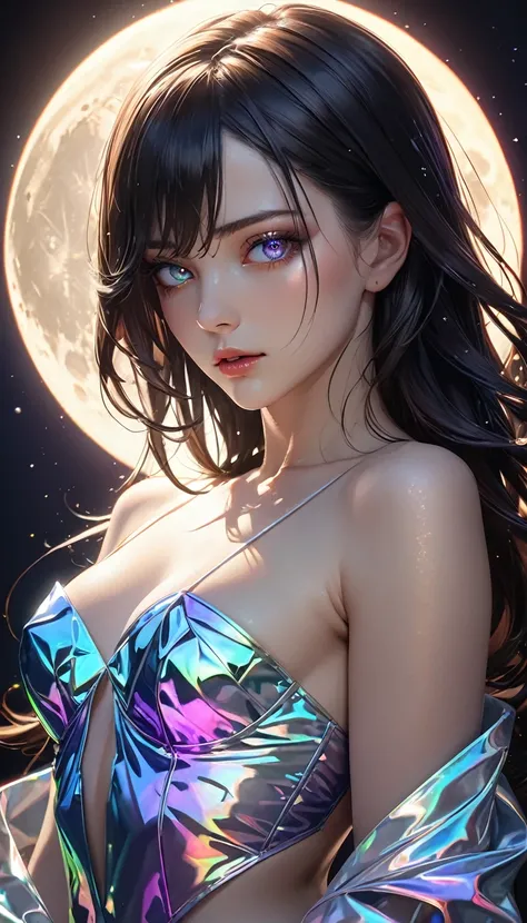 portrait, conceptual installation artwork, a beautiful woman illuminated by the full moon, striking beautiful eyes, glossy silky hair, amorous and lewd expression, perfect proportions, iridescent glittering effects, delicate and dynamic textures, contrasts...