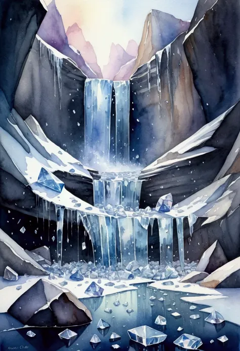 Broken glass, Scattered Glass, Glass falls like rain, Cracked Ice, Scattered ice, Ice falls like rain, Broken Crystal, Scattered Crystals, Crystals fall like rain, landscape, watercolor, a world with nothing