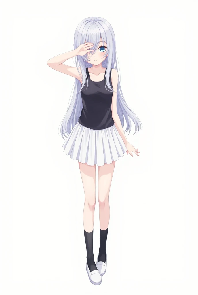 Girl, teenager, anime, blue eyes, silver hair, long hair, left-sided bangs, black tank top, white skirt, black socks, white shoes, full body. One hand behind head. 

Cover left eyes by bangs, spread legs