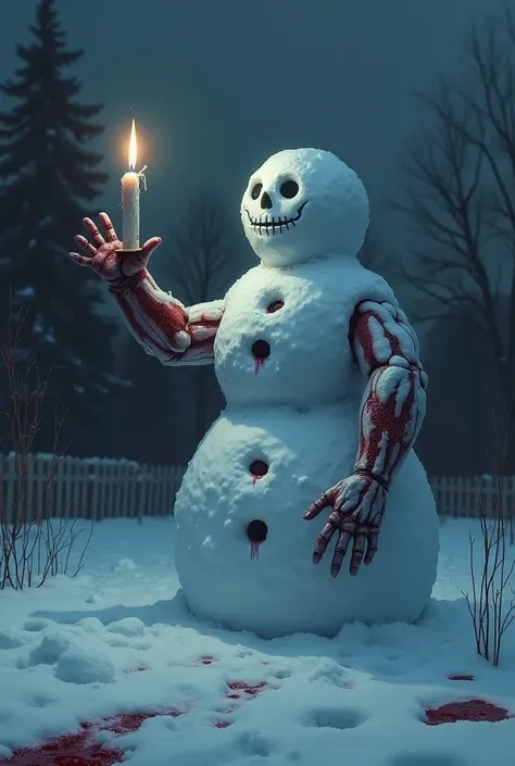 a garden in winter at night, a snowman with severed human hands protruding from his body, holding a candle in one hand, small drops of blood scattered on the ground 