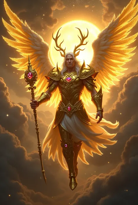 man strong com armadura de ouro que recobre todo seu corpo, splendid and shining armor studded with colorful jewels, Angel with giant solid gold wings, strong, golden light, flying in the universe trying to touch the stars in the dark of the galaxy, the mo...