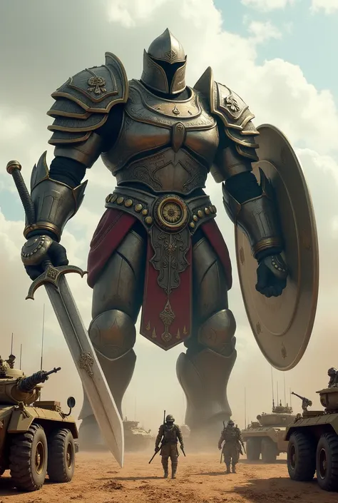 Create a goliath image, with armor, with helmet, with sword, with shield, challenging the Israeli army.