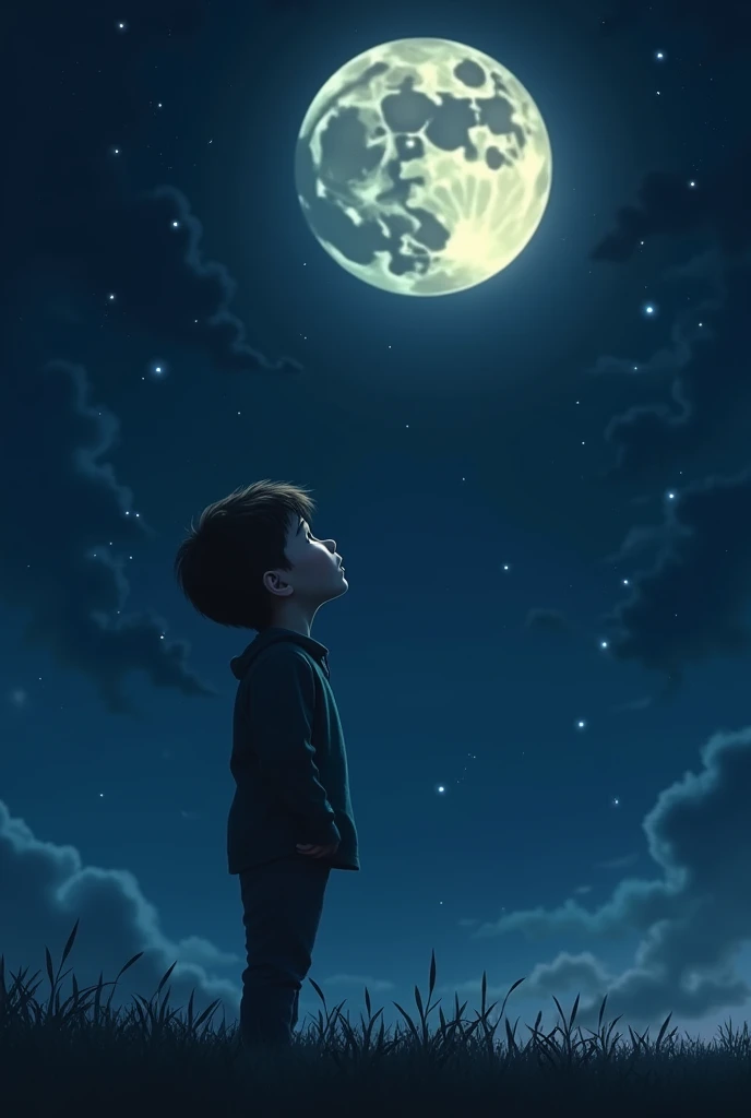 A boy ignore night moon 