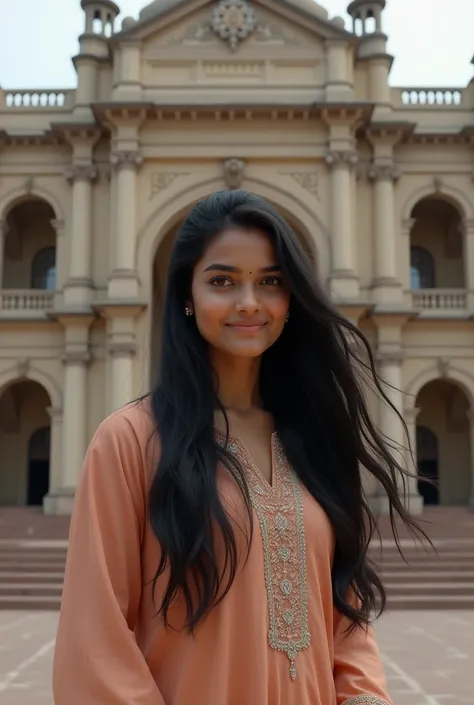 (photorealism:1.2), beautiful Indian girl, with smile standing in front of building, wearing kurti, pajama pants, long black hair, with smart look 