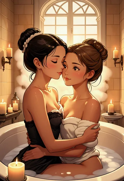 create an image in Manga Illustration style of two beautiful women who are enjoying together a foam bath that covers their bodies, in an old-style tub, one is a beautiful British woman with light brown hair tied in a bun who is sitting with her back to her...