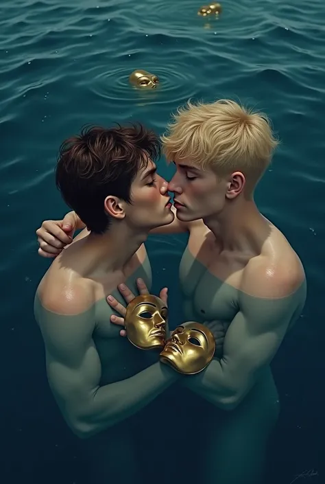 two young men, a brown haired one, the other with dark blonde hair looking at each other submerged in dark blue water, letting two golden masks sink into the water the two boys are in love with each other sunk in the sea, one is helping the other to save h...