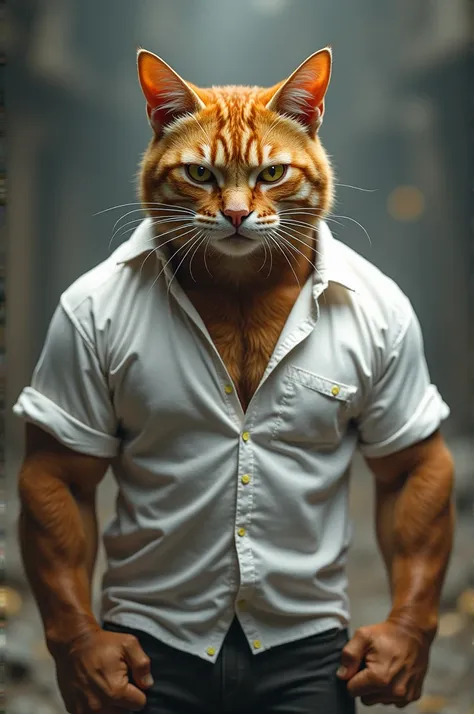 Ek handsome, muscular cat jisne in white shirt, angry