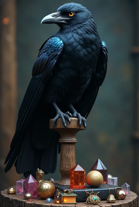 A highly detailed and high-resolution masterpiece portraying a majestic raven perched proudly atop a wizards staff, encircled by a collection of magic and occult items, exuding an aura of mysticism and intrigue.
