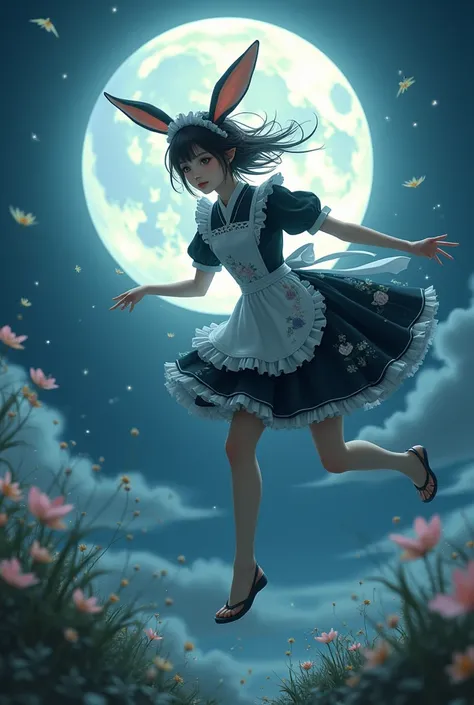 　Japanese beautiful  underworld bunny maid girl、
Running in the moonlight、unning on a moonlit night and flying in the sky