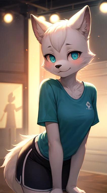 (Sports), (hands behind the back), furry, white fur, super cute face, detail elements on fur, glowing t-shirts, beautiful lights and shadows, ambient light, super fine fur, volumetric light