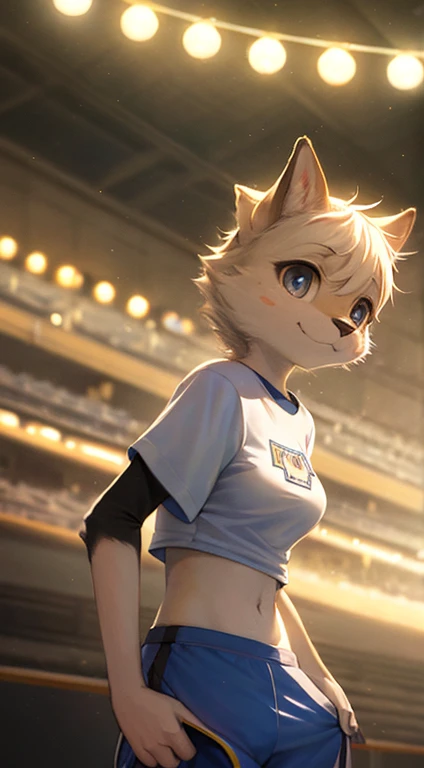 (Sports), (hands behind the back), furry, white fur, super cute face, detail elements on fur, glowing t-shirts, beautiful lights and shadows, ambient light, super fine fur, volumetric light