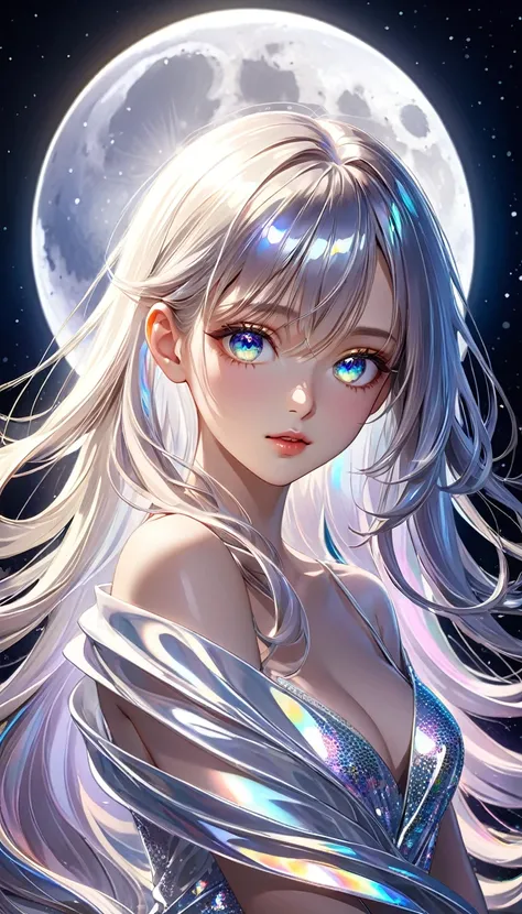 portrait, conceptual installation artwork, a beautiful woman illuminated by the full moon, striking beautiful eyes, glossy silky hair, amorous and lewd expression, perfect proportions, iridescent glittering effects, delicate and dynamic textures, contrasts...