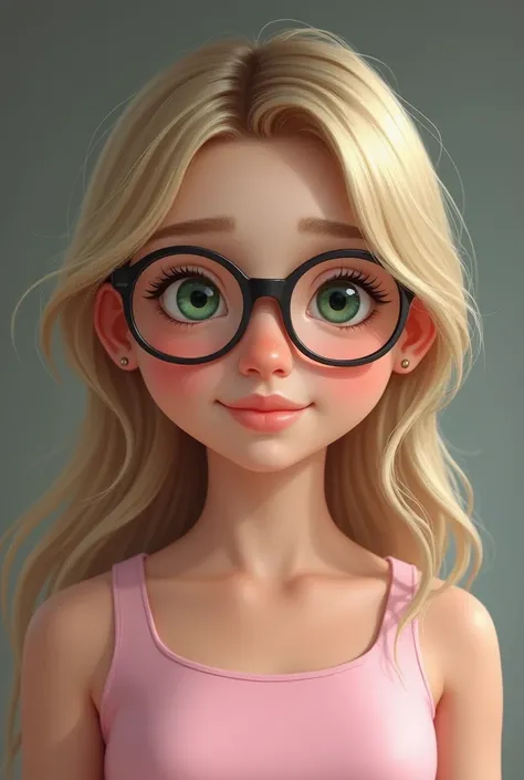 a 20 year old girl, blonde hair, green eyes white skin, beautiful nose, large thin lenses, a pink tank top, Realistic version, United States