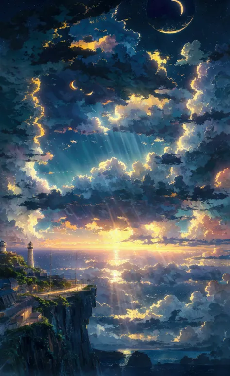 Night, crescent moon, quiet, anime scenery of a lighthouse on a cliff overlooking the ocean, by makoto shinkai, beautiful anime scene, anime landscape wallpaper, 8k, hight sky, many cloud, late night, only dark blue and yellow colors