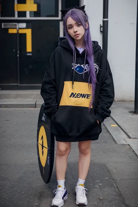 A anime girl with purple hair and blue eyes wearing a black oversized hoodie and yelow sneakers holding a board that says Follow me on Gencraft